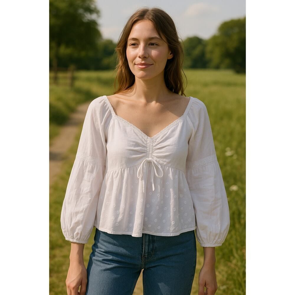 White Cotton Eyelet Blouse S Romantic Boho / Cottagecore Top Babydoll Blouse